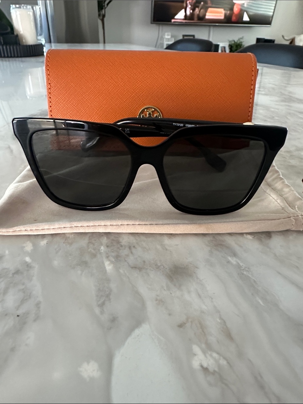 Tory Burch Black Oversized Square Sunglasses with Orange Case